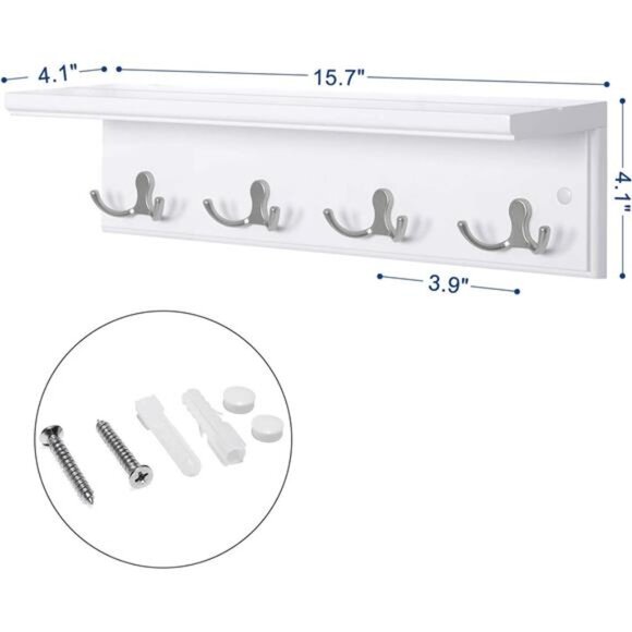 Wall-Mounted Hanging Coat Rack with Wooden Shelf, 4 Double Hooks - Picture 3 of 7